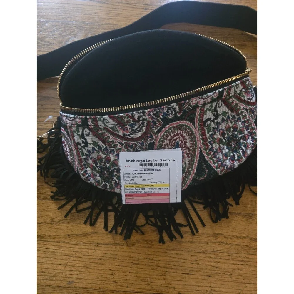 Anthropologie Crescent Fringe Tapestry Sling Bag Rare Sample NWOT